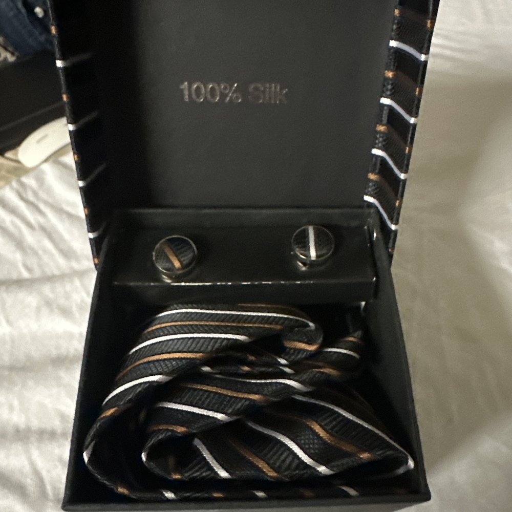 Men's Black Silk Stripe Tie and Cufflink Set - Black with Brown & White Stripes